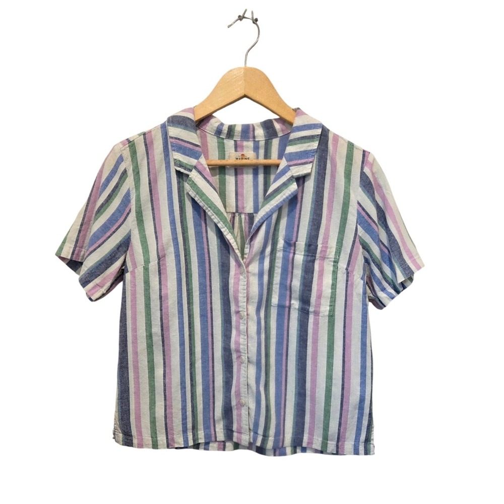 Marine Layer Shirt Cotton Linen Blend Striped Boxy Fit Multi Color Coastal Small